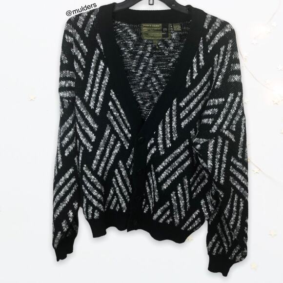 Vintage Point Zero Black Gray White Striped Patterned Grandpa Cardigan Sweater - Picture 1 of 8